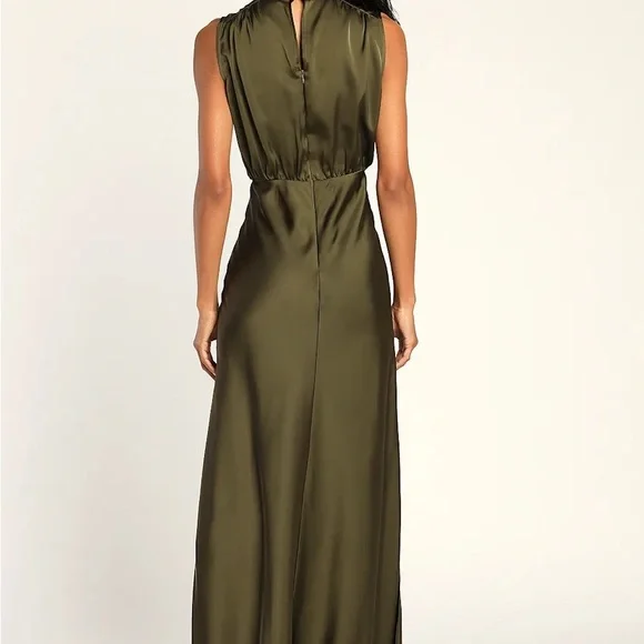 Classic Elegance Olive Satin Sleeveless Mock Neck Maxi Dress - Picture 3 of 3